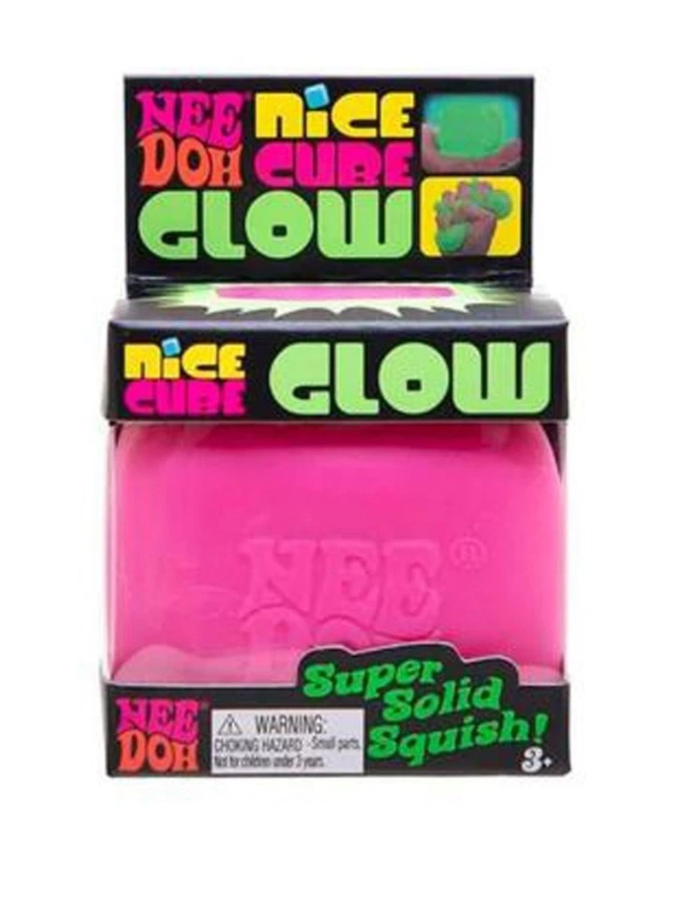 NeeDoh Nice Cube Glow Super Solid Squish, Glow-in-the-Dark Pink Schylling